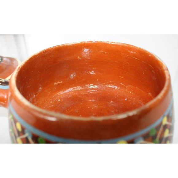 Vintage Mexican Tlaquepaque Hand Painted Red Clay Handled Pot - Picture 4 of 7